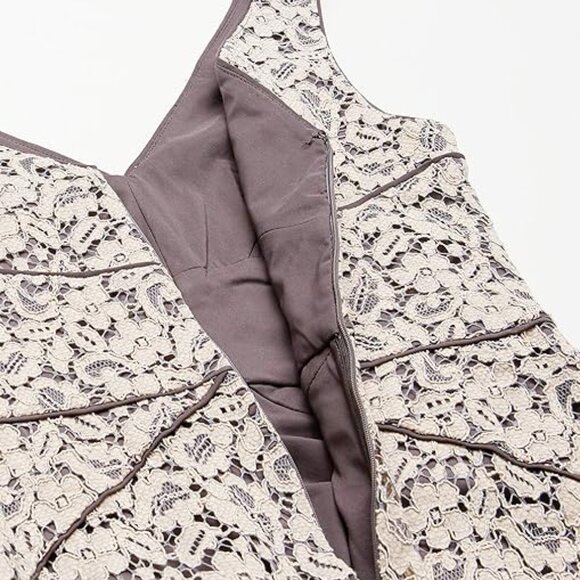 Vera Wang Lace Maxi Dress Beige Gray Piped V-Neck Formal Gown Womens 12 NWT - Picture 11 of 15